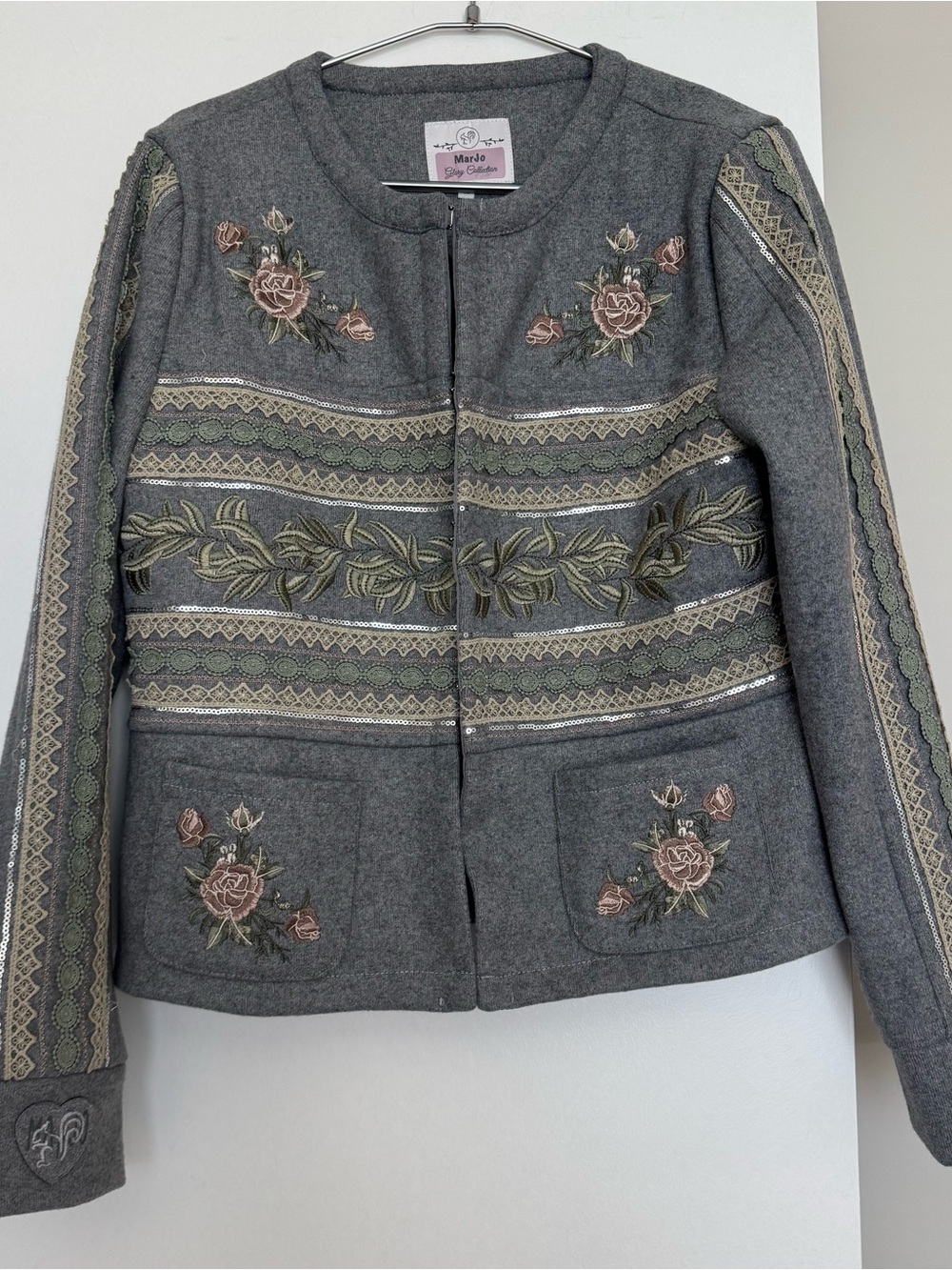Marjo Trachten Bavarian Jacket Gray Floral Lace Sz 38